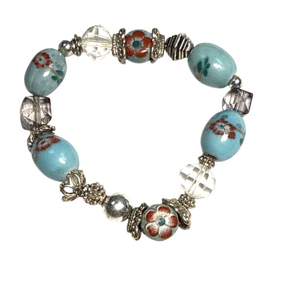 Light Blue Glass Beaded Stretch Bracelet Handmade Boho Jewelry - Picture 6 of 7